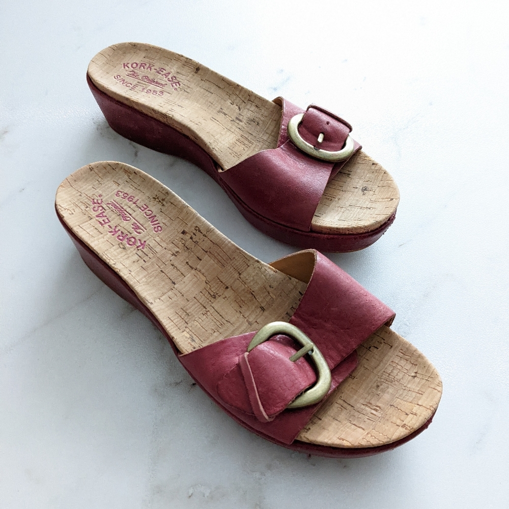 Kork-Ease Red Buckle Slip On Sandal Wedges Size 9